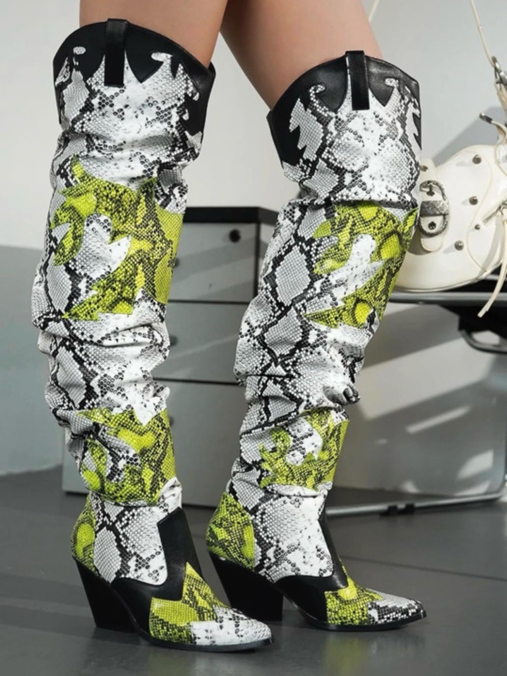 Cape Robbin White, Black & Lime Snake Print Over-the-Knee Heeled Boots